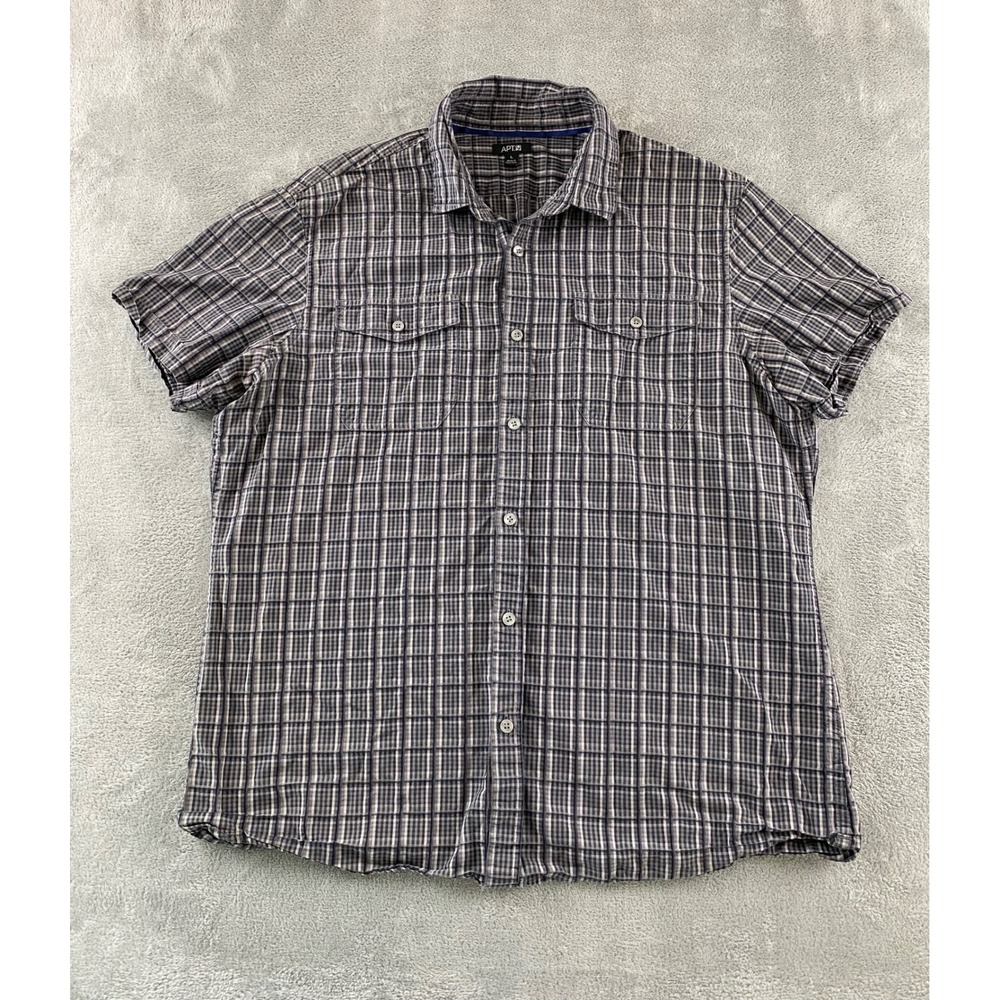 Apt 9 Mens Short Sleeve Button Down Plaid Shirt Grey Blue Cotton Large Pockets